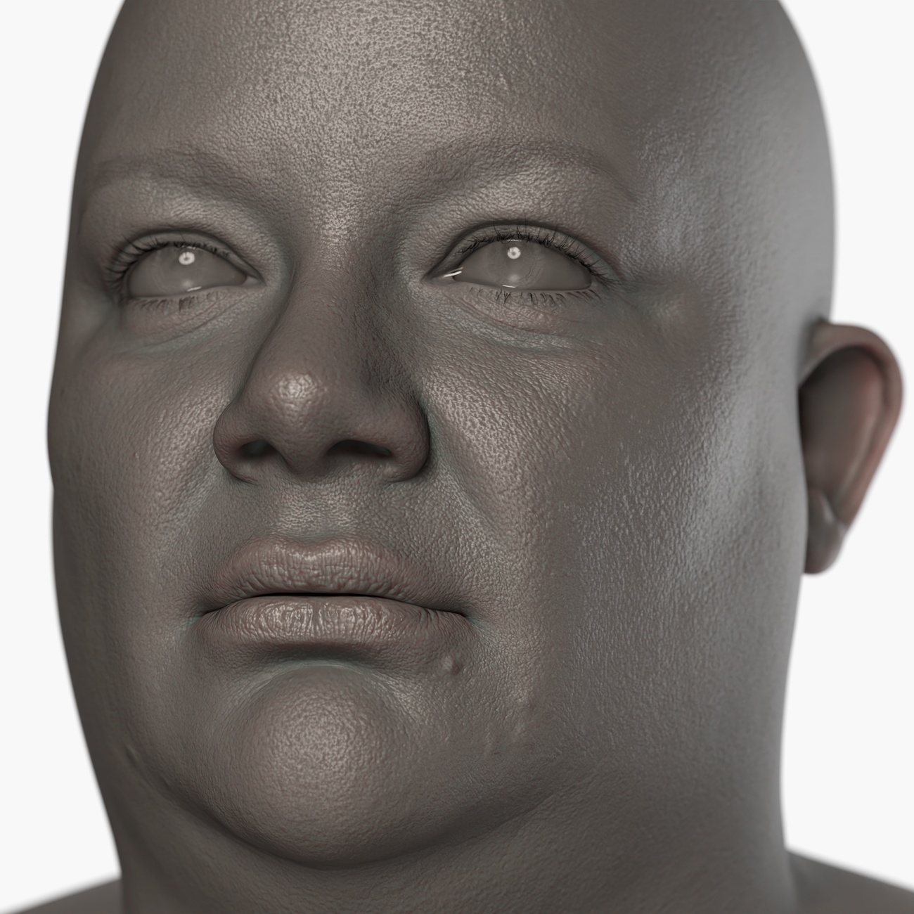Clay render of a fuller-figured female 3D head scan showing fine skin pore and surface detail